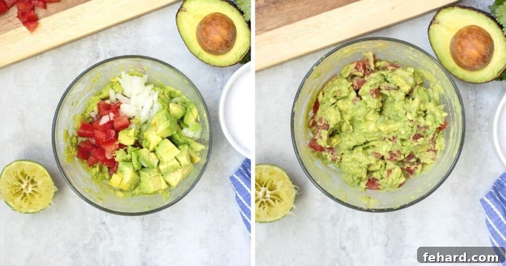 Best Guacamole Recipe Picture showing fresh guacamole ingredients in a bowl before mixing, then a picture of the finished, mixed guacamole.