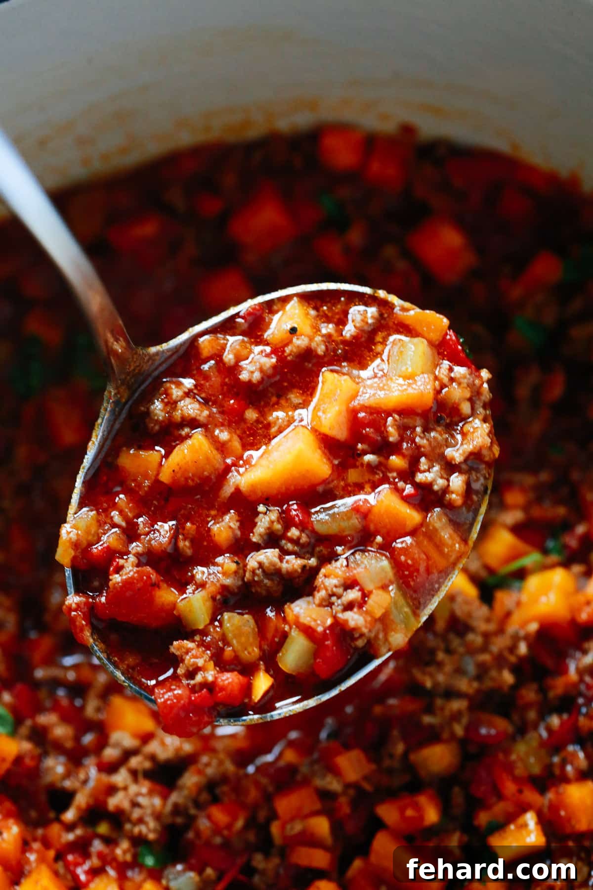 Hearty Butternut Squash Chili 3 No Bean Whole30 Butternut Squash Chili in a ladle