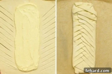 Side by side photo showing steps to braiding cream cheese puff pastry.