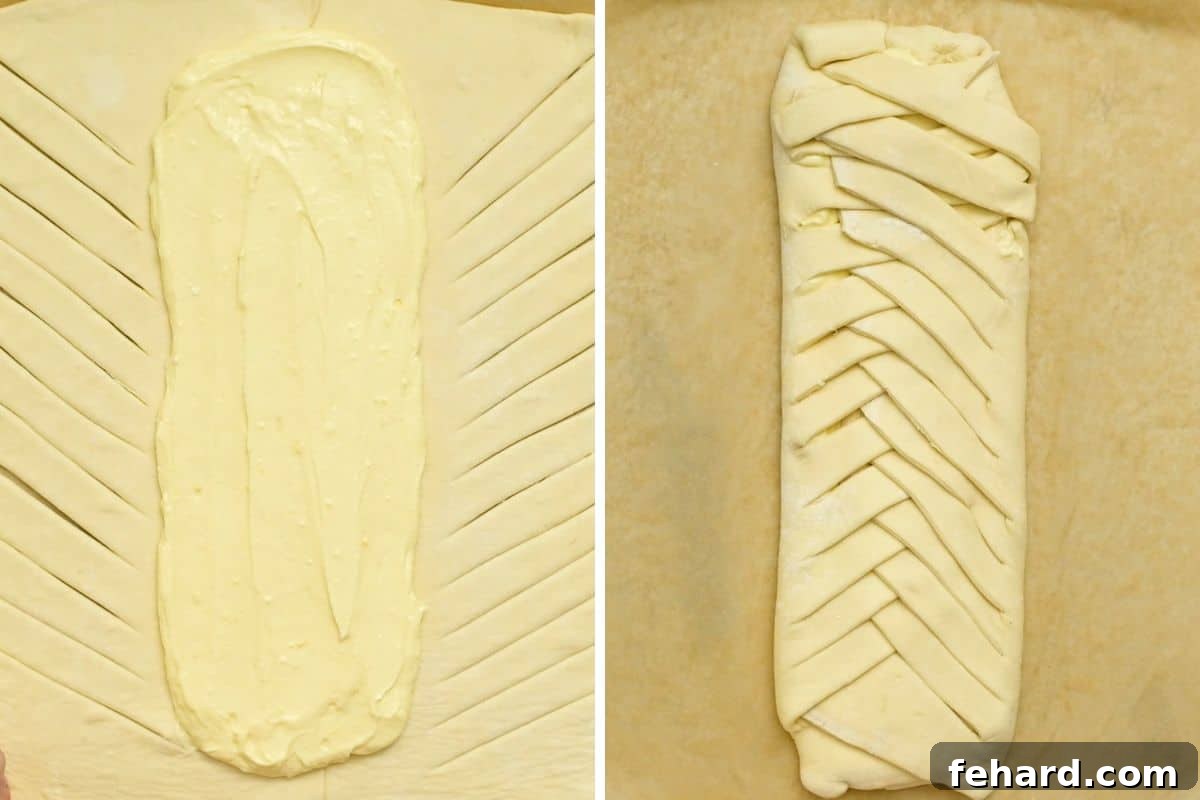 Side-by-side photographic guide demonstrating the process of braiding a cream cheese puff pastry danish, showing the strips being folded over the filling in an alternating pattern.