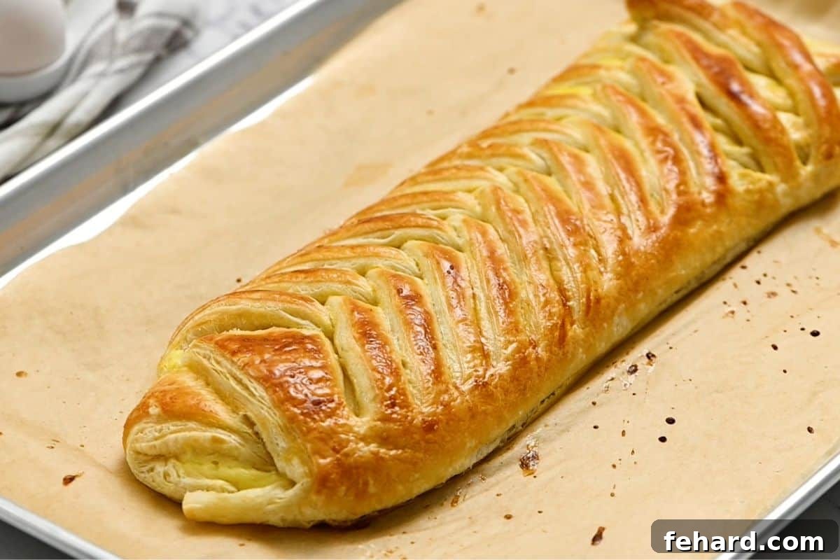 A freshly baked, golden-brown cream cheese danish on parchment paper, just out of the oven, looking perfectly puffed and flaky.