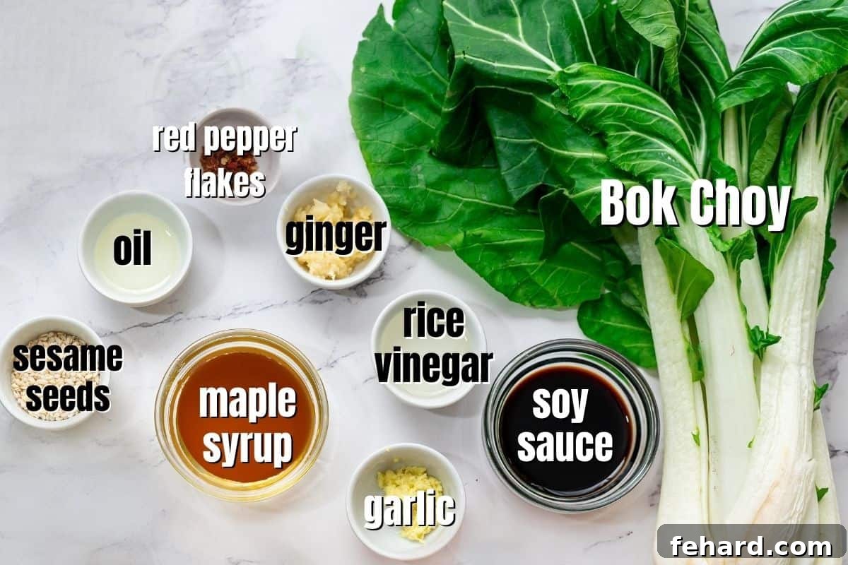 Ingredients for glazed bok choy on counter labeled.