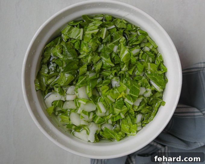 Bok Choy cut up and soaking in water.