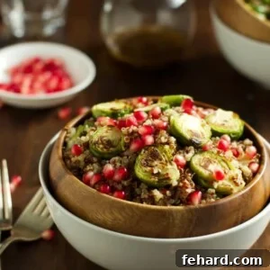 Overhead view of Quinoa Salad with Roasted Brussels Sprouts and Pomegranate