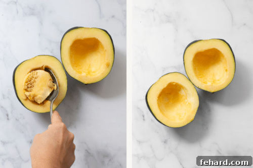 Left: a spoon removing seeds from the acorn squash. Right: seasoned raw squash