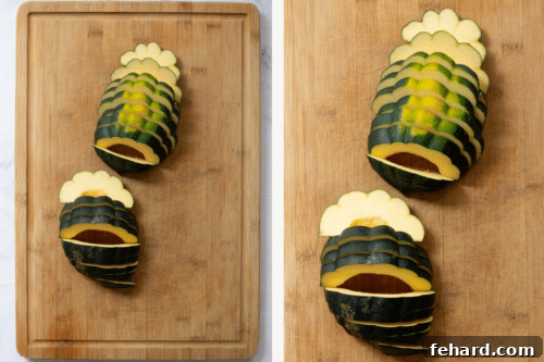 sliced acorn squash on a wooden board.