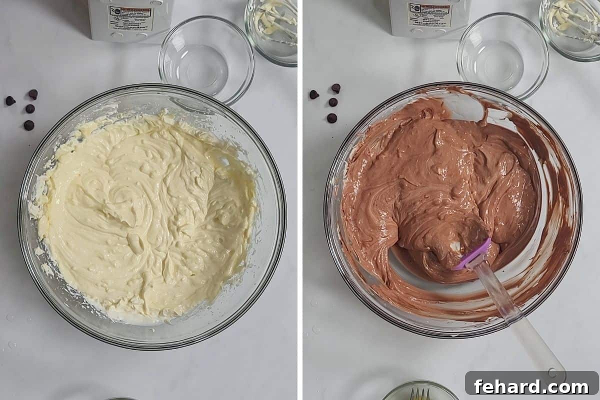 Chocolate Cheesecake Pressure Cooker A side-by-side comparison illustrating the cheesecake batter before and after the rich chocolate is incorporated, showing its transformation.