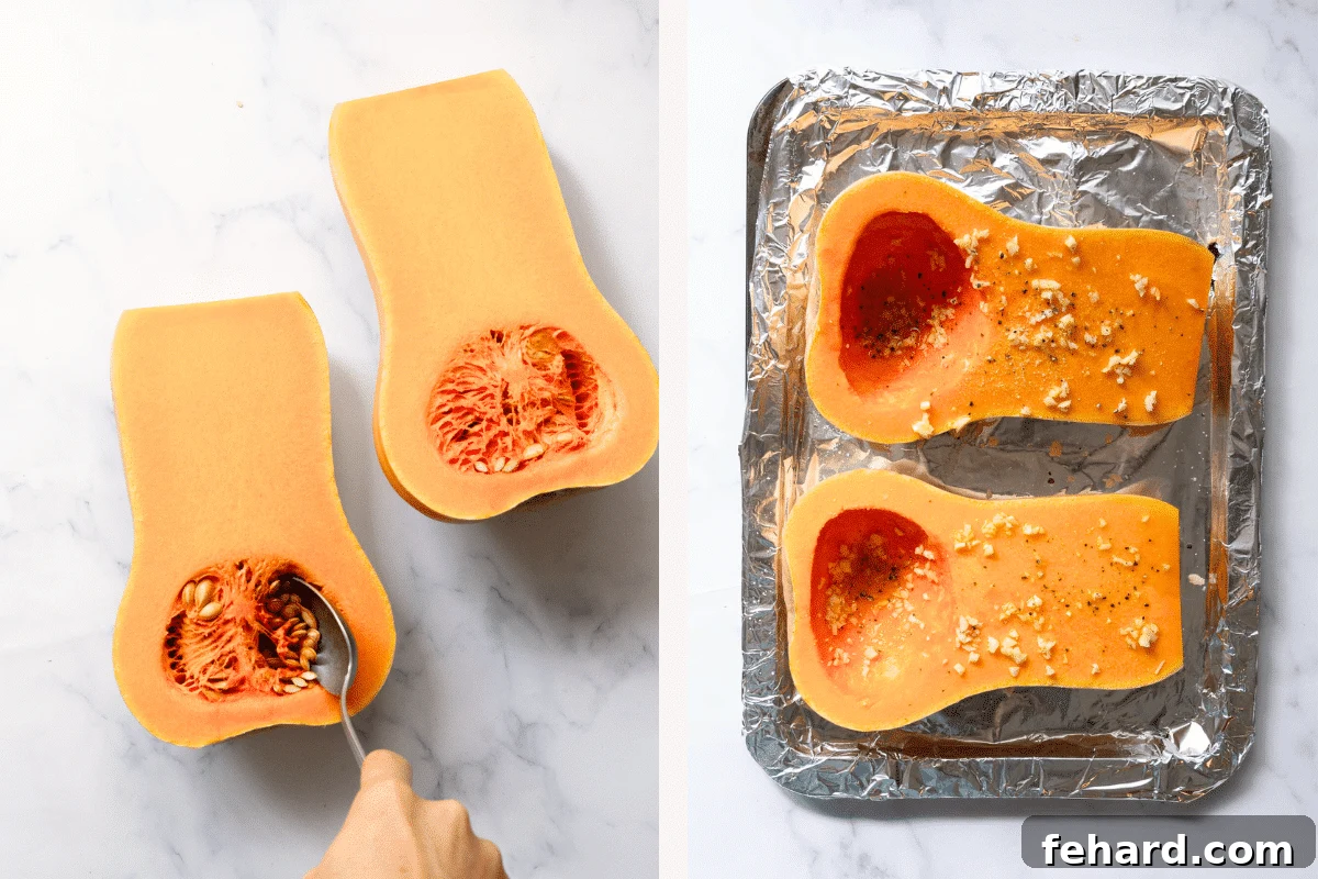 right:  scoop out the seeds of butternut squash. left: butternut squash in a baking sheet with olive oil and garlic. 