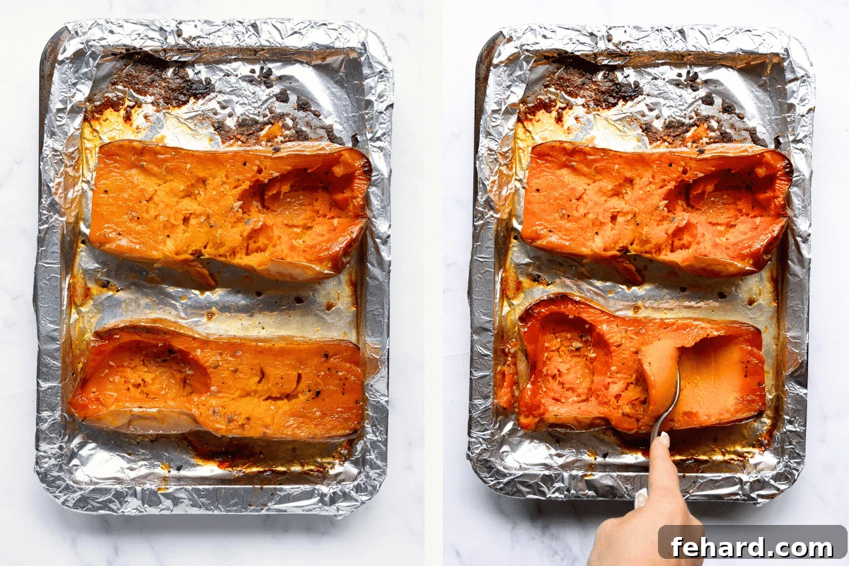 roasted butternut squash on a baking sheet