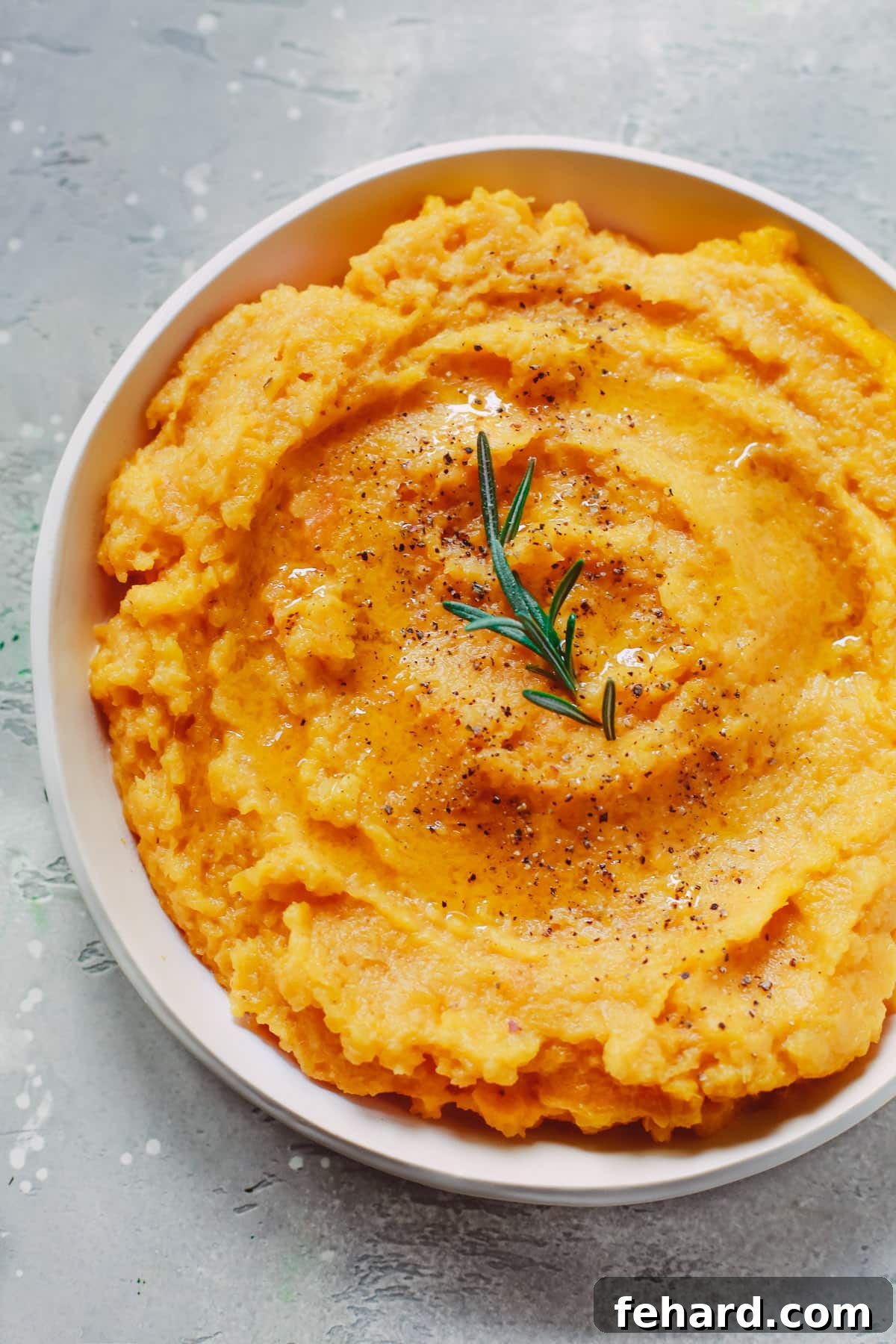 Overhead photo of a bowl of roasted butternut squash mash.
