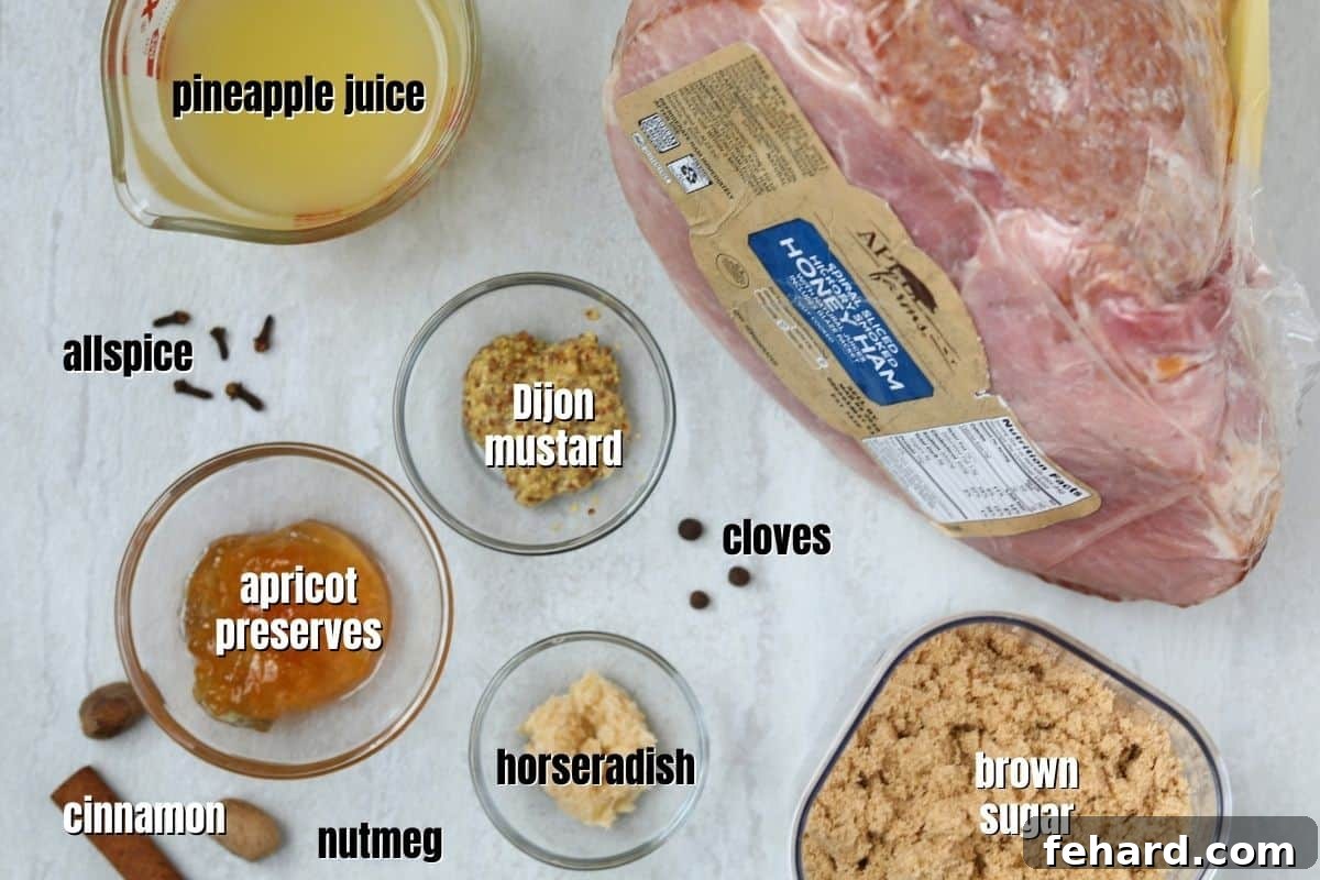 A vibrant array of fresh ingredients for Glazed Ham neatly arranged on a kitchen counter, showcasing pineapple juice, apricot preserves, Dijon mustard, brown sugar, horseradish, and a selection of warm spices.