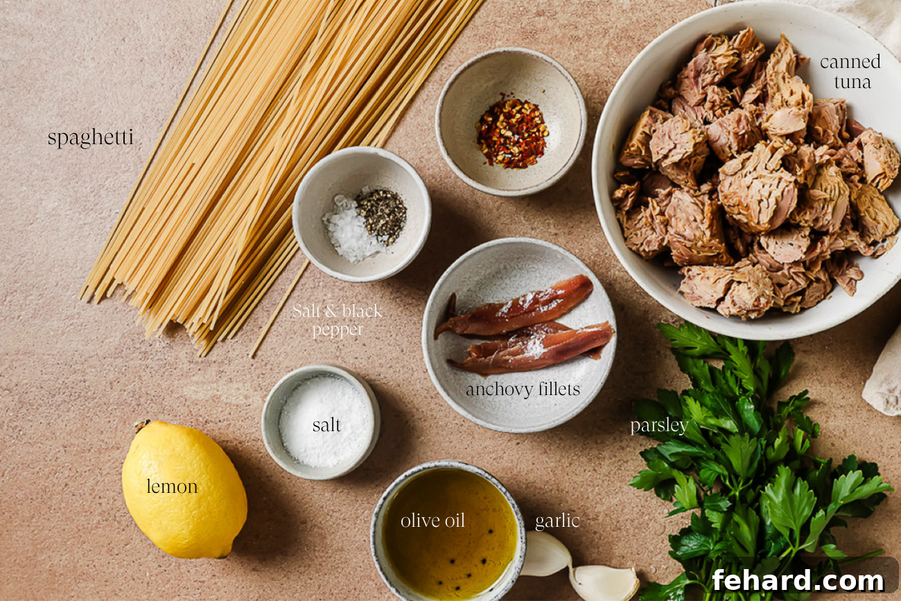Ingredients laid out on a clean countertop for making Tuna Pasta, including canned tuna, pasta, garlic, lemon, olive oil, and fresh parsley.