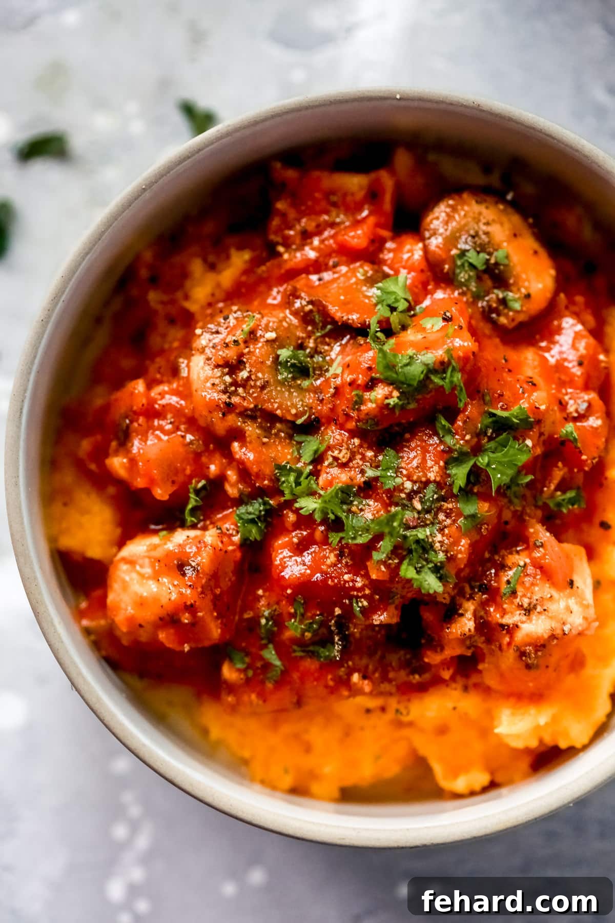 Chicken Stroganoff with Butternut Squash Mash served in a bowl