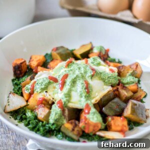 Southwestern Sweet Potato Hash with Cilantro Pesto in a white bowl