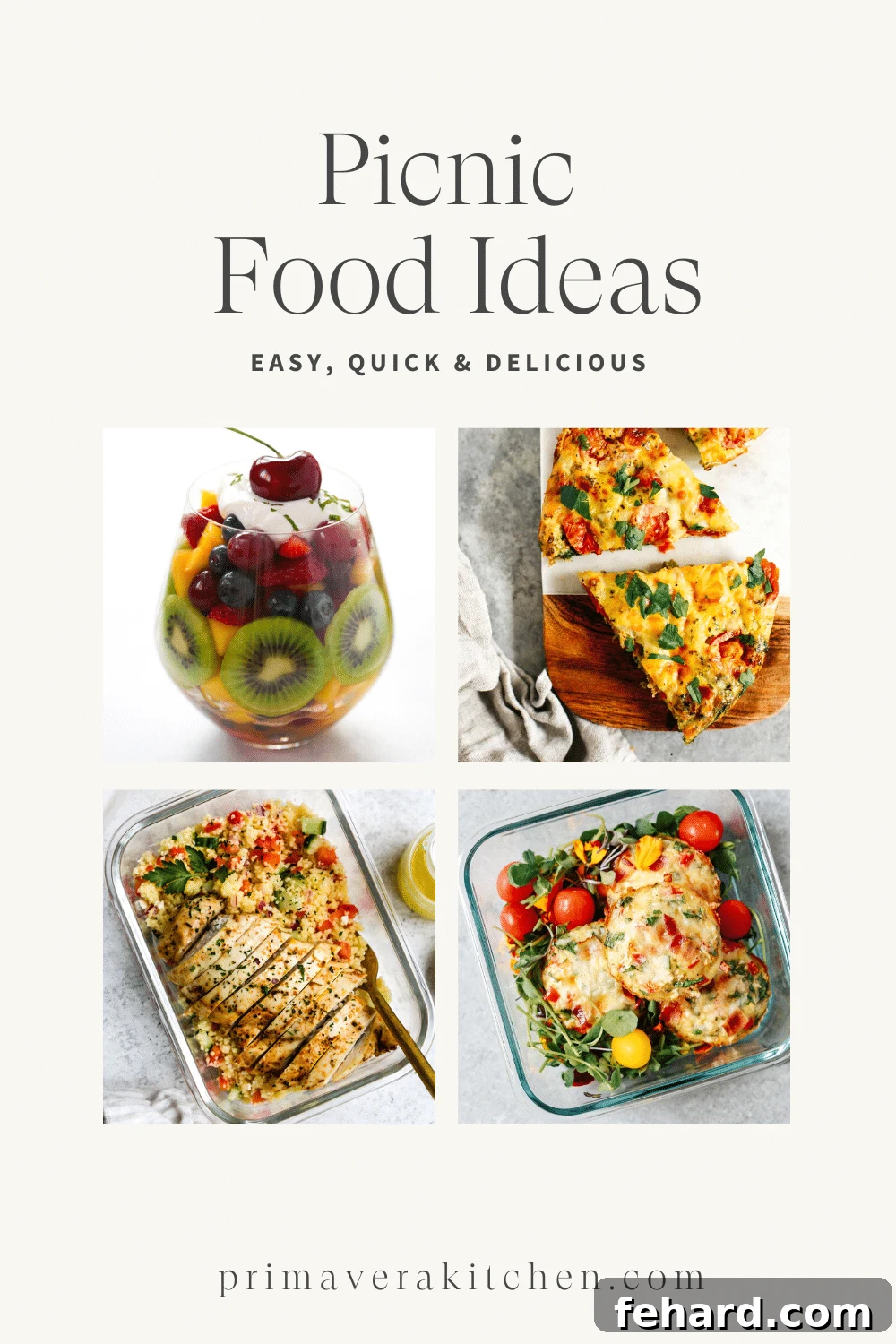 A vibrant collage featuring four mouth-watering picnic dishes, perfect for outdoor gatherings.