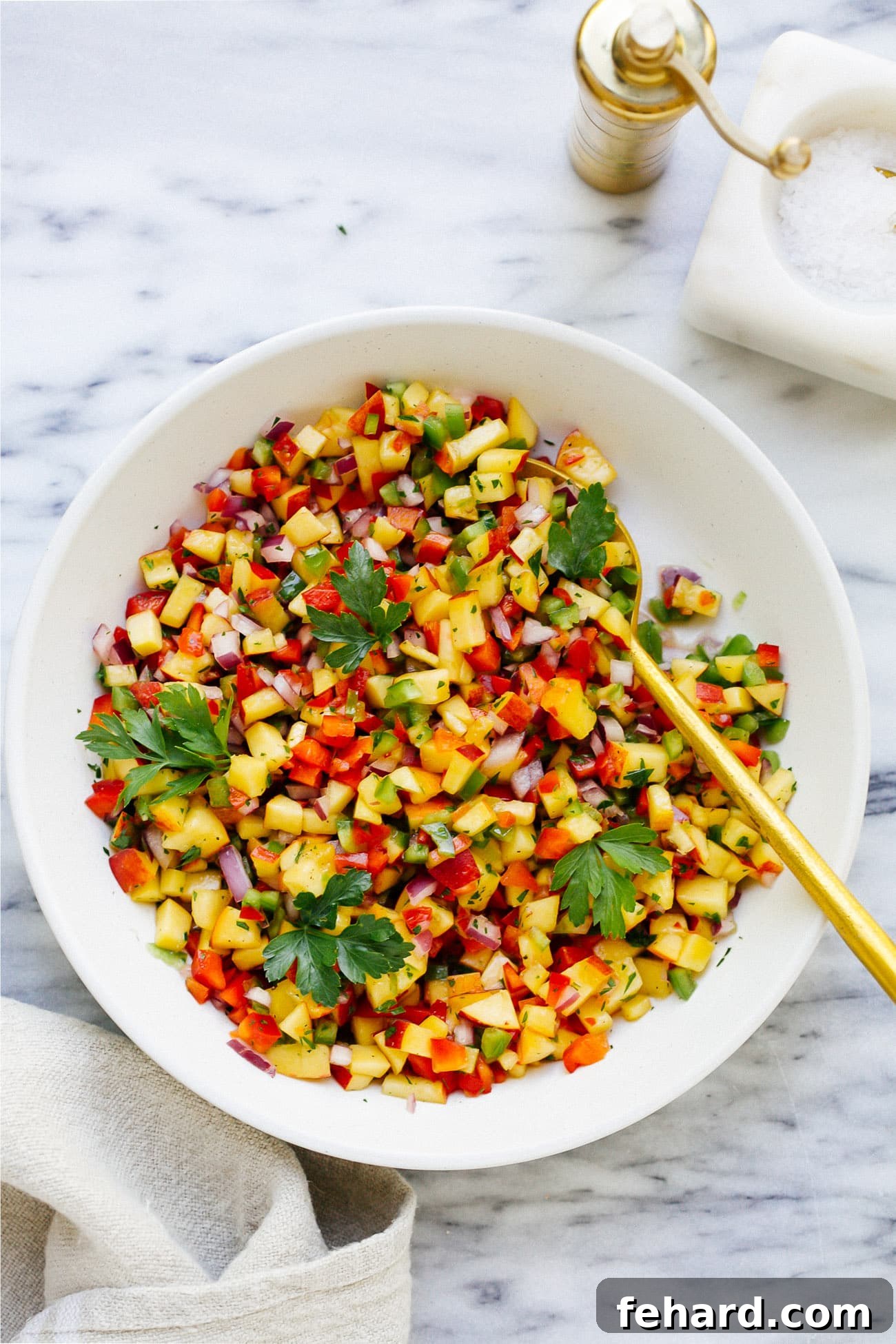Overhead view of a white bowl filled with fresh peach salsa, a sweet and zesty picnic dip.