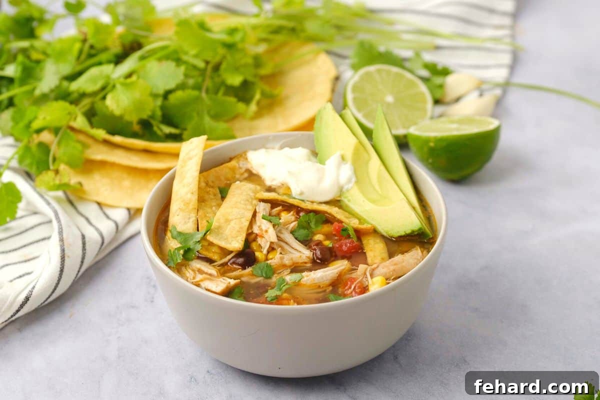 Instant Pot Chicken Tortilla Soup Instant Pot Chicken Tortilla Soup in bowl topped with homemade tortilla strips, sour cream, and sliced avocado.