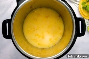 Hearty Instant Pot Chicken Tortilla Soup 4 Chicken stock added to inner pot after sauteeing onions and garlic to build Instant Pot Chicken Tortilla Soup.