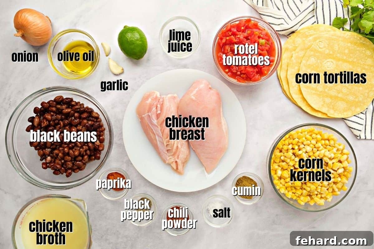 Instant pot chicken tortilla soup recipe Ingredients for chicken tortilla soup labeled on the counter.