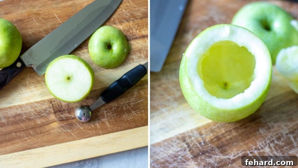 Apple with top cut off next to apple with core removed, demonstrating preparation