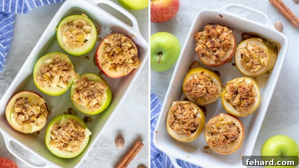Side by side pictures of stuffed apples before and after baking, showing transformation
