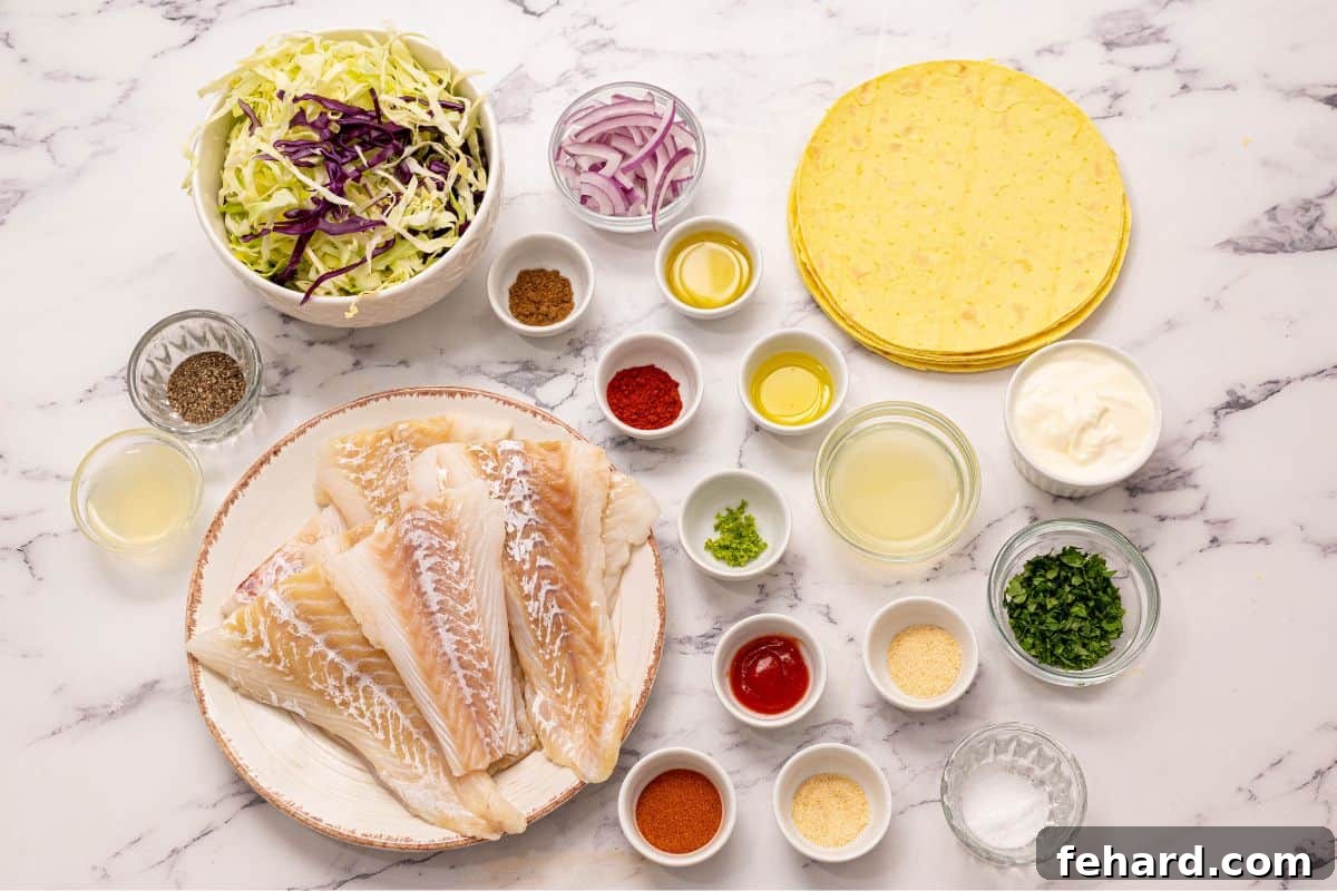 Essential Ingredients for Healthy Fish Tacos Selection of fresh ingredients for healthy fish tacos, including firm white fish fillets, vibrant shredded cabbage, fresh lime, cilantro, red onion, and a selection of taco spices, neatly laid out on a kitchen counter.