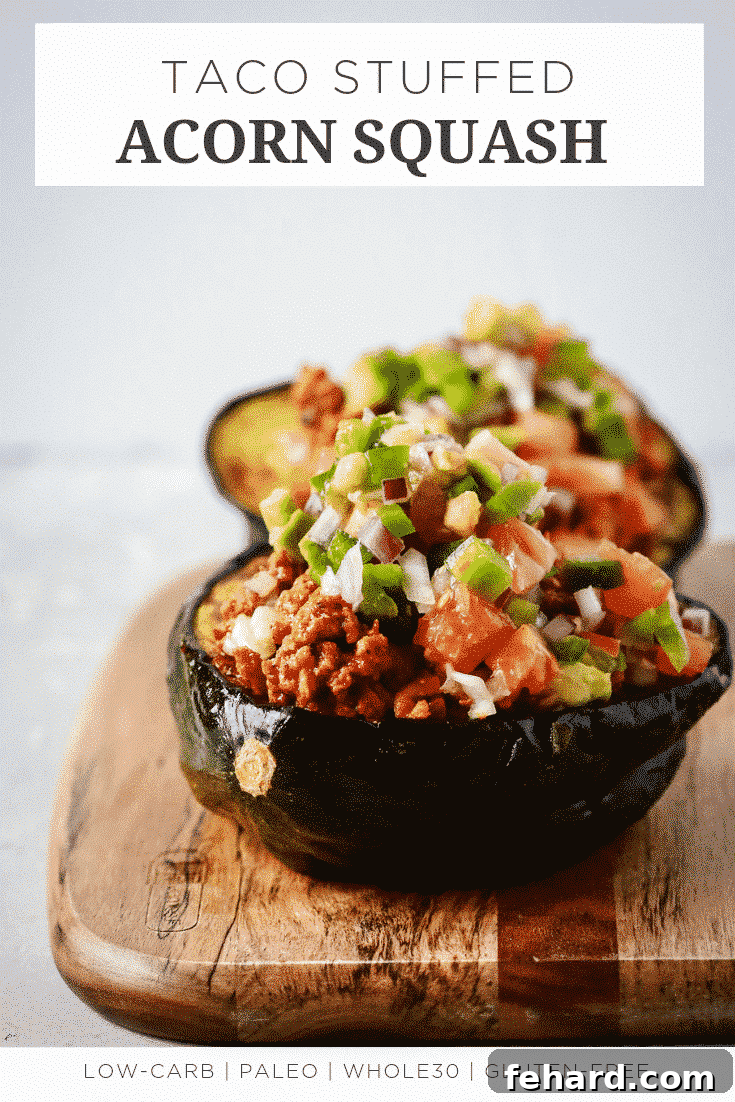 Overhead view of a perfectly stuffed acorn squash half with taco filling and salsa, on a wooden board.