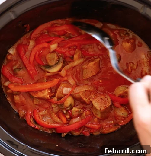overhead view of Italian Sausage and Peppers