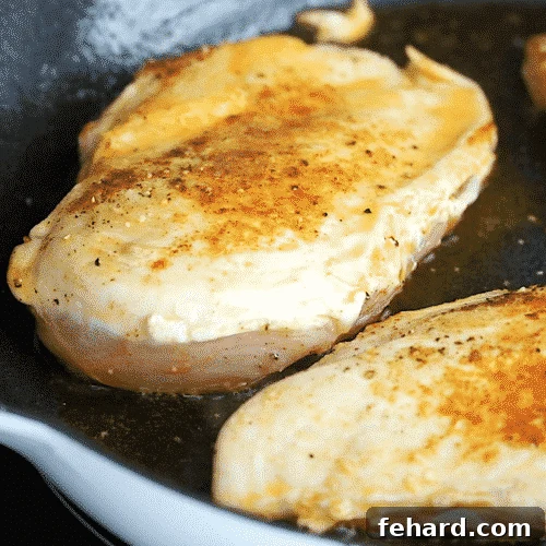 Seared chicken breast in a cast iron skillet
