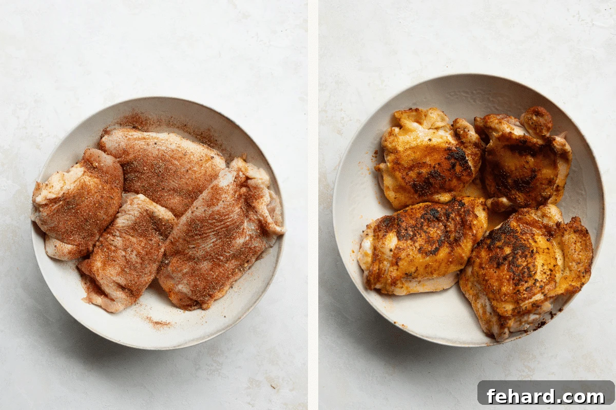 Left: Raw seasoned chicken thighs. Right: Perfectly seared chicken thighs.