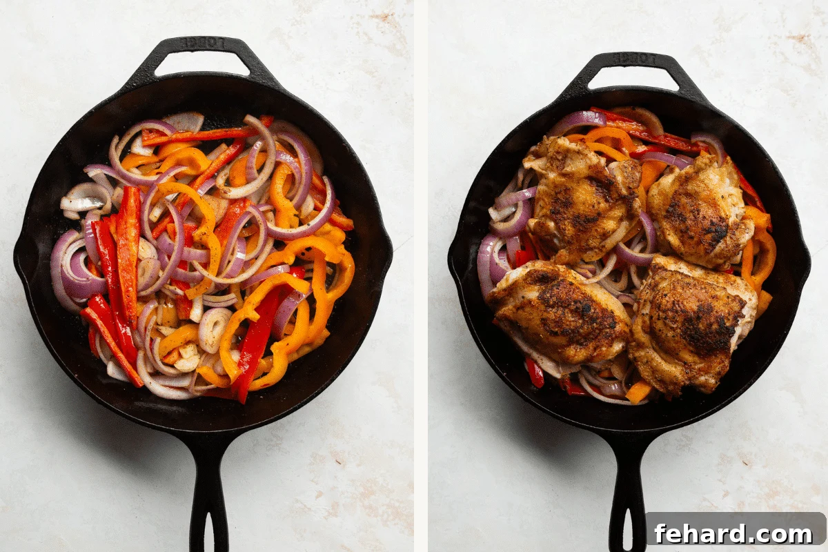 Left: Sliced bell peppers and red onions in a cast iron skillet. Right: Cooked chicken, bell peppers, and onions in a skillet.