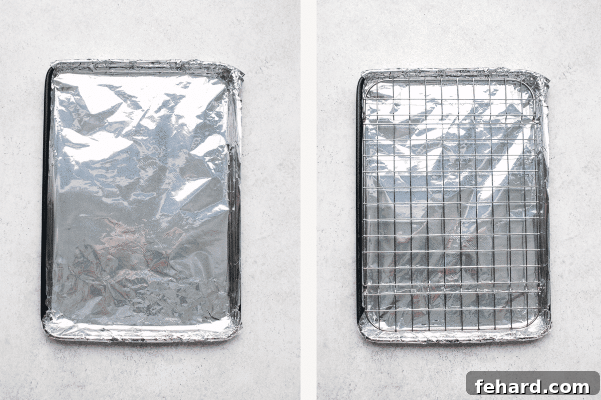 Left: a baking sheet lined with aluminum foil, ready for cooking. Right: a foil-lined baking sheet with a wire rack placed on top.