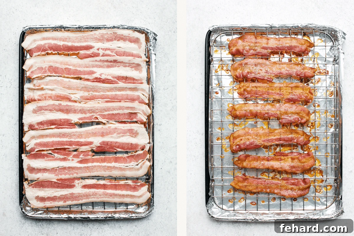 Left: raw bacon on a wire rack before baking. Right: perfectly cooked, crispy bacon on the wire rack after baking.