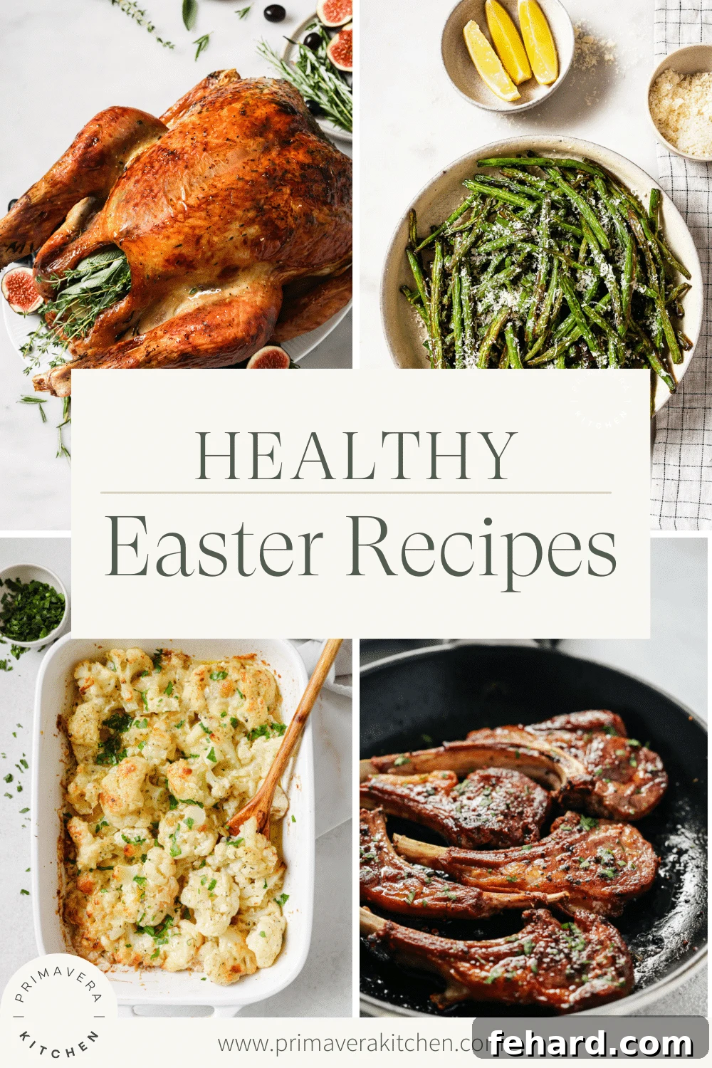Easter Goodness Guilt Free 2 A vibrant photo collage showcasing a variety of healthy Easter recipes including brunch, main dishes, sides, and desserts.
