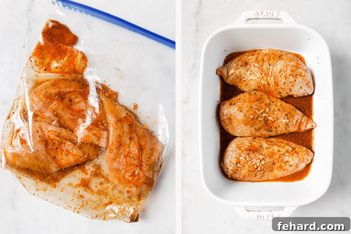 Left: chicken marinating in a bag. Right: chicken in a baking dish.
