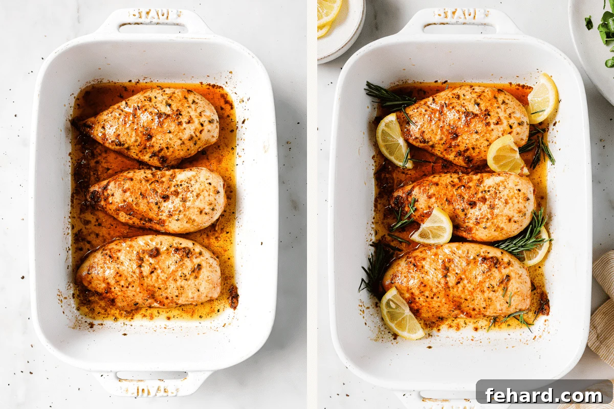 Left: cooked chicken in a casserole dish. Right: chicken garnished with lemon and rosemary.