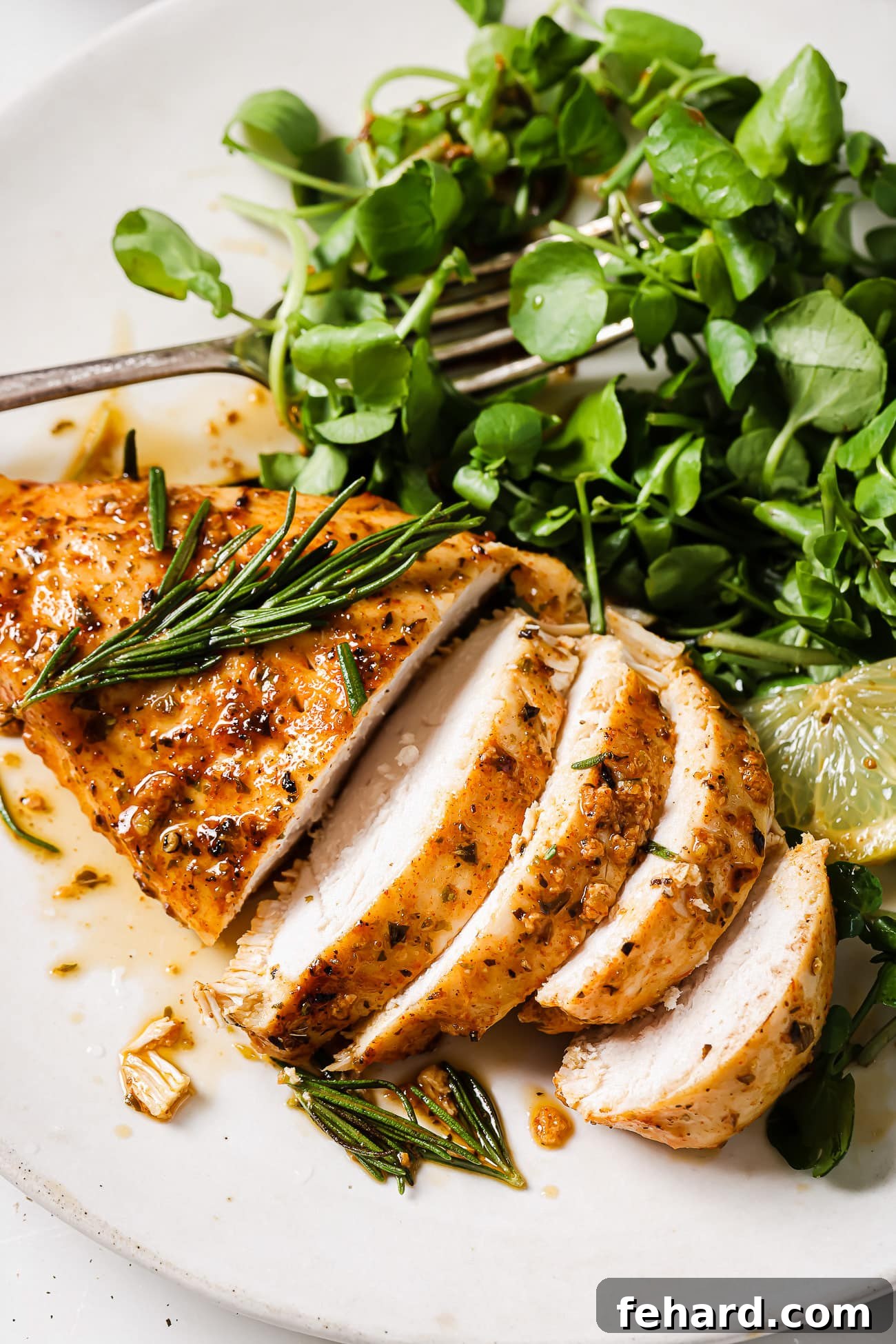 A closeup of lemon rosemary chicken on a plate with a green salad. 