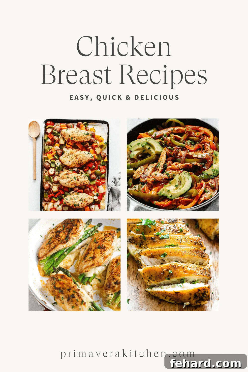 Collage of four vibrant chicken breast recipes including fresh salads, perfectly baked chicken, and hearty skillet meals, showcasing a variety of healthy and delicious dinner ideas.