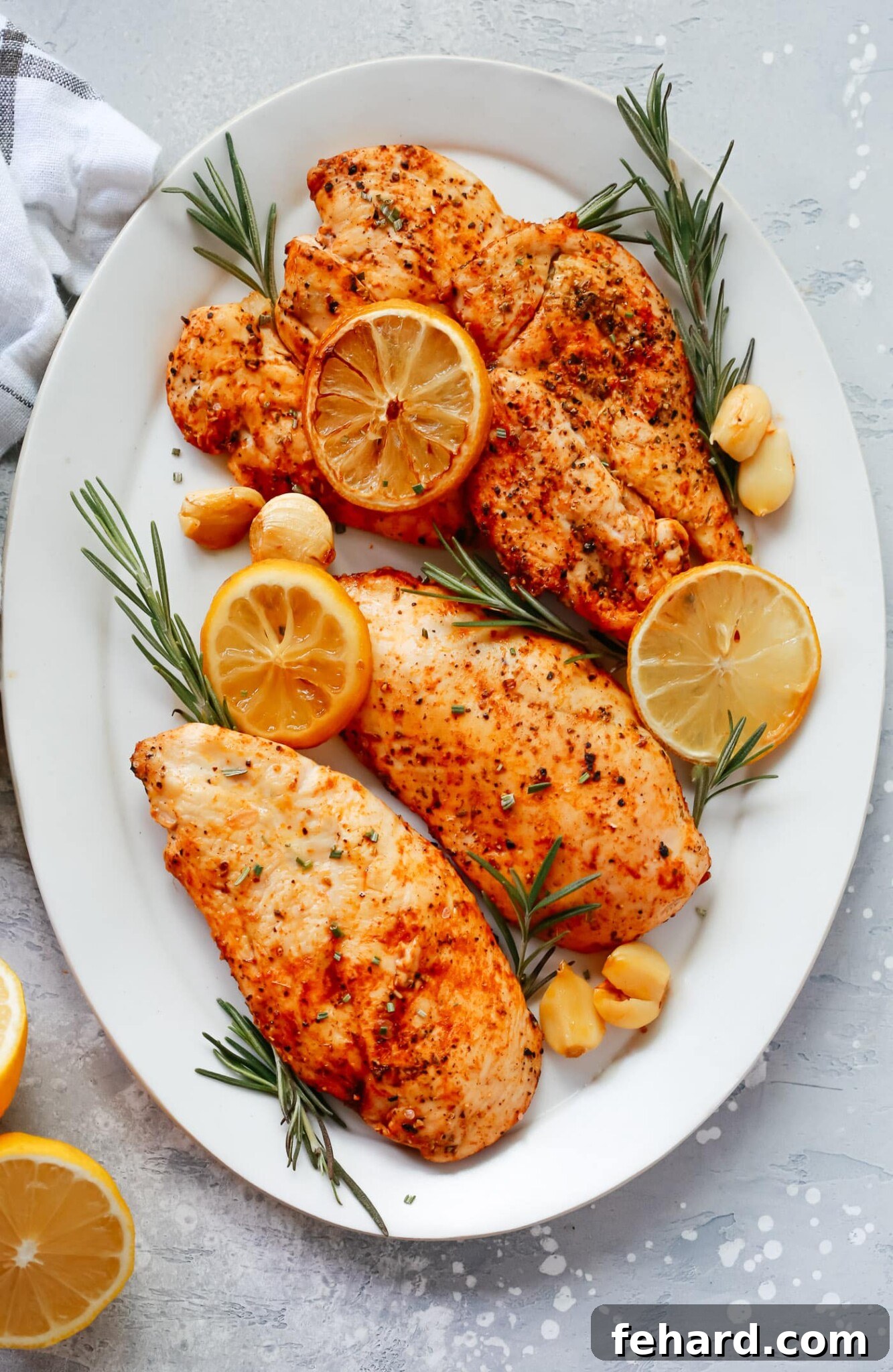 Succulent rosemary lemon chicken breasts served on a white platter, garnished with fresh herbs and lemon slices.