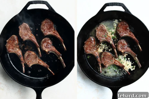 lamb chops in a skillet with butter and garlic