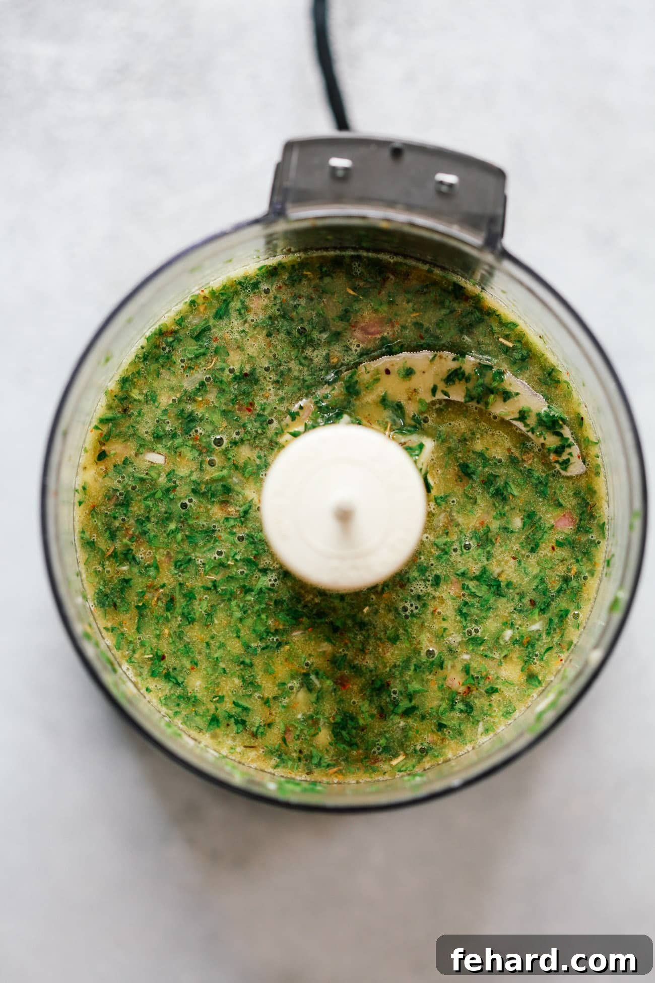 Making a chimichurri sauce recipe in a food processor