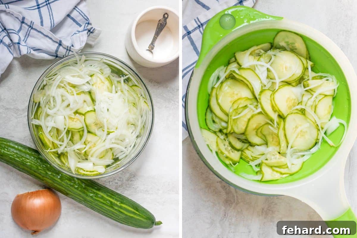 Two side-by-side images: one showcasing thinly sliced cucumbers and onions soaking in a salt water mixture, and the other illustrating the drained vegetables in a colander, ready for the next step of the recipe.