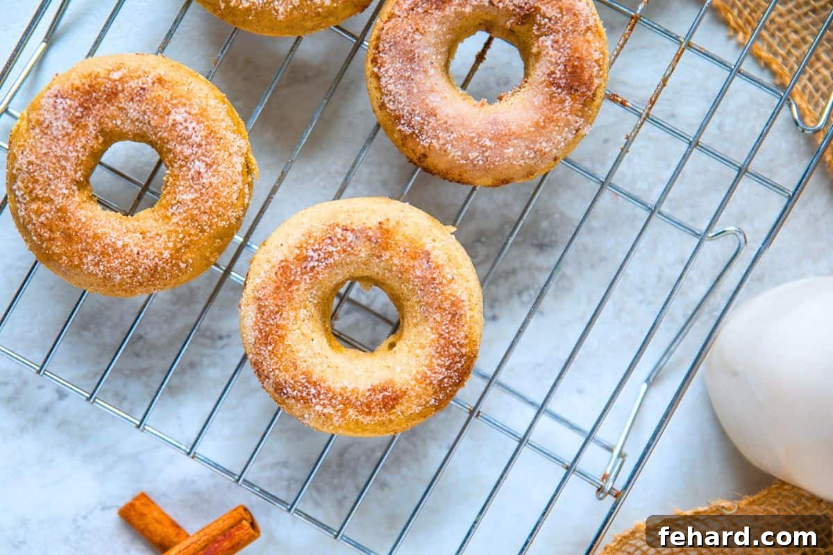 A close-up of a rack of baked spiced donuts, glistening with their fresh coating of melted butter and sparkling cinnamon sugar, ready for serving.