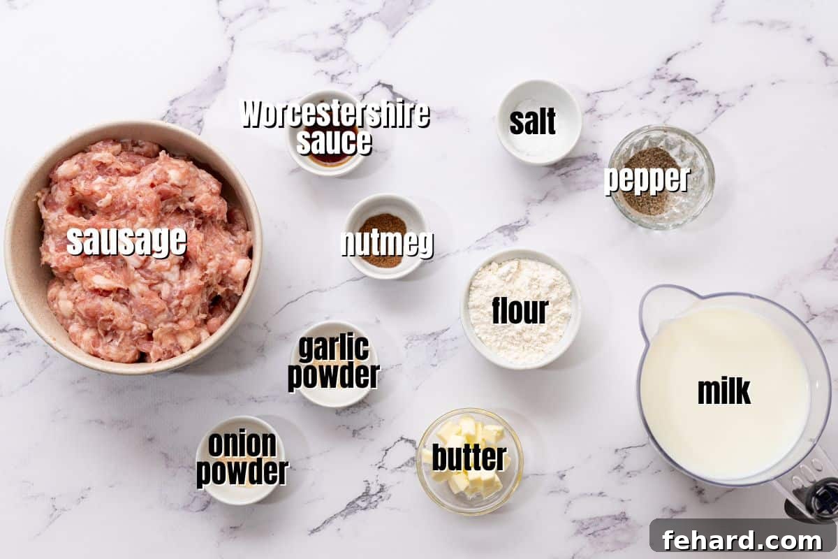 Sausage Gravy Recipe Ingredients Ingredients for homemade sausage gravy, including sausage, milk, flour, butter, and seasonings, laid out on a kitchen counter.
