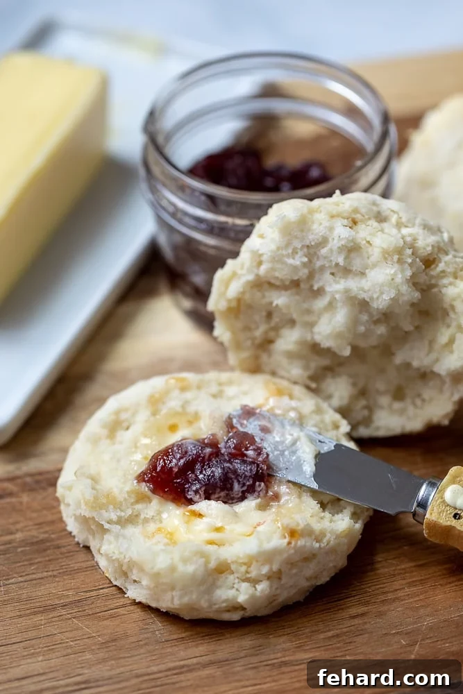 Biscuit Recipe Biscuit cut open with butter, jam and drizzle of honey