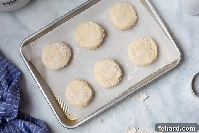Homemade Buttermilk Biscuits 6 biscuits on baking sheet ready to be baked.
