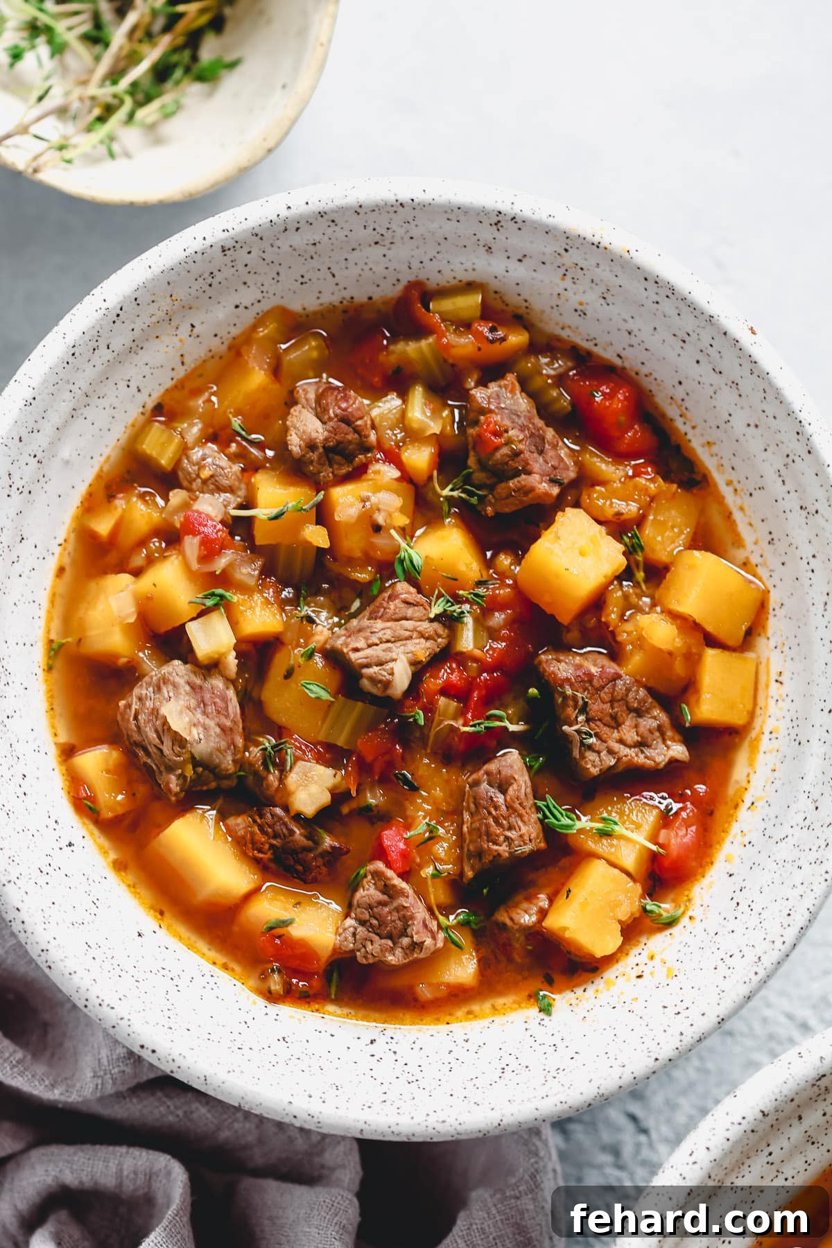 A close-up of a bowl of Instant Pot vegetable beef soup, highlighting the beef, carrots, potatoes, and tomatoes.