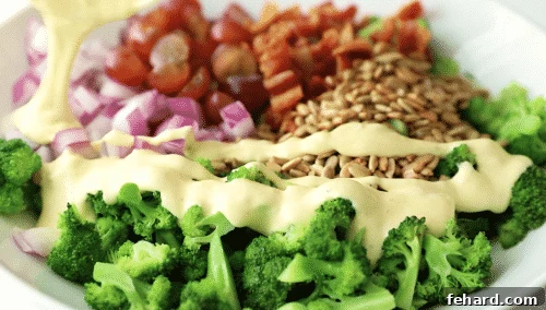 Closeup of freshly mixed broccoli salad ready to serve