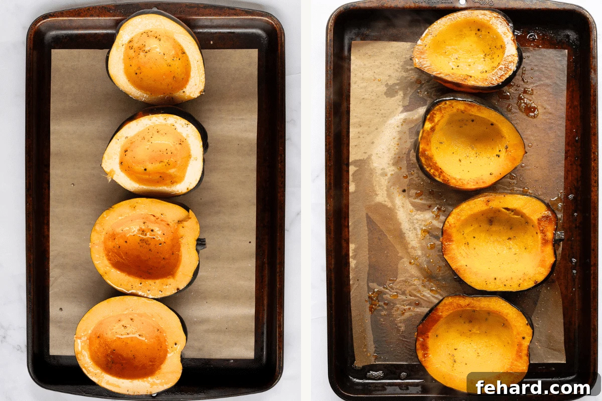 Hearty Sausage-Filled Acorn Squash Bake 5 Left image shows seasoned acorn squash halves arranged on a baking sheet. Right image features perfectly roasted acorn squash, golden and tender.