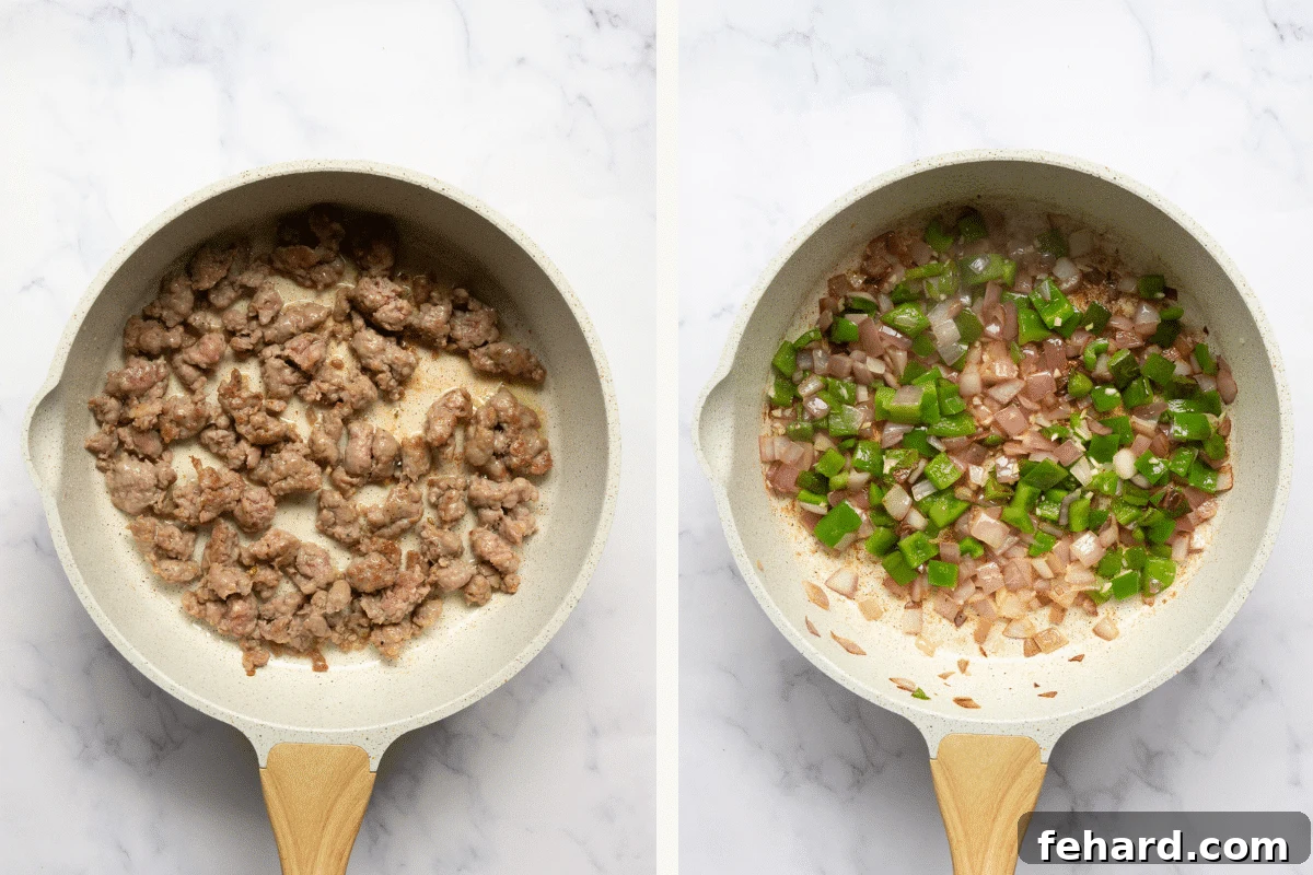 Hearty Sausage-Filled Acorn Squash Bake 6 Left image depicts Italian sausage browning in a skillet. Right image shows chopped onions and bell peppers being added to the same skillet.